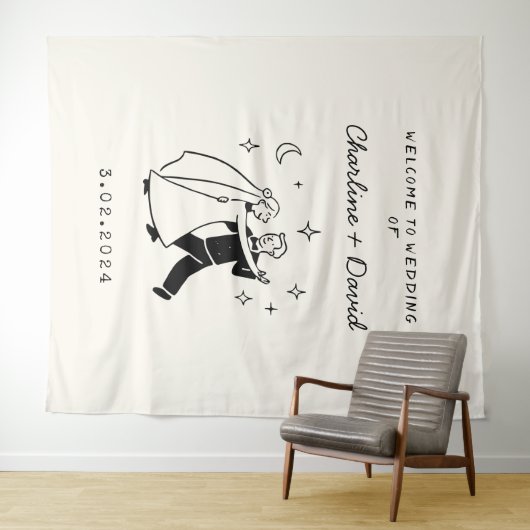 手描きの落書き ウェディング ウェルカム タペストリー (インサイチュ(横))