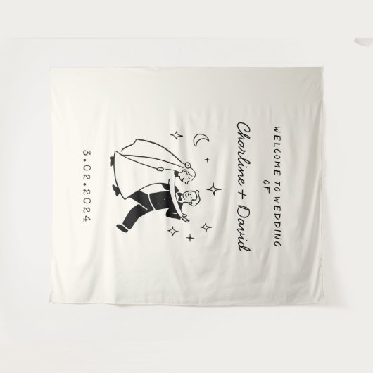 手描きの落書き ウェディング ウェルカム タペストリー (正面(横))