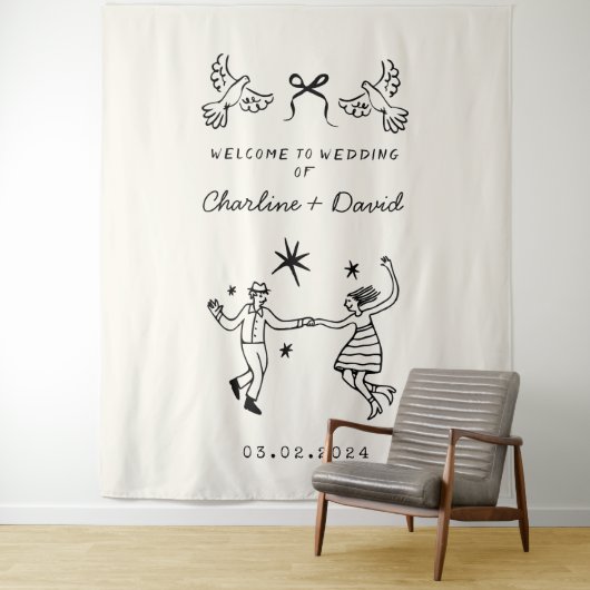 手描きの落書き ウェディング ウェルカム タペストリー (インサイチュ)