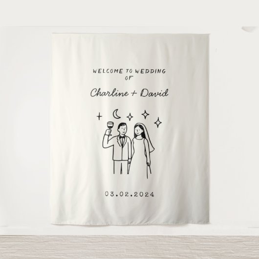 手描きの落書き ウェルカムウェディング タペストリー (正面)