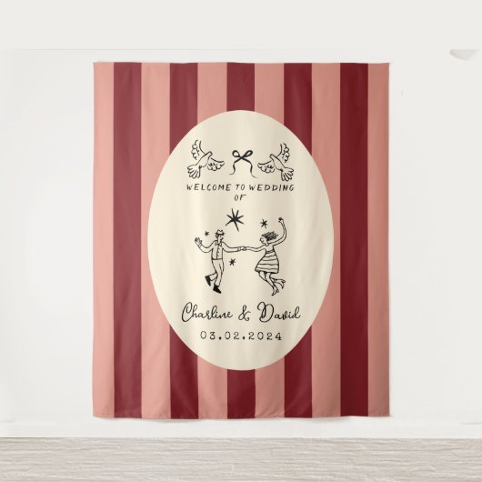 手描きの落書き ウェルカムサイン 結婚式 タペストリー (正面)