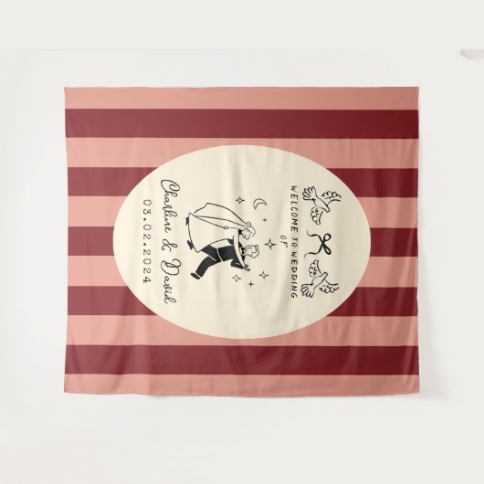 手描きの落書き ウェルカムサイン 結婚式 タペストリー (正面(横))