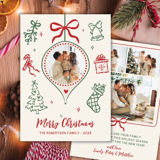手描きの落書き グリーン レッド 写真 メリークリスマス シーズンカード