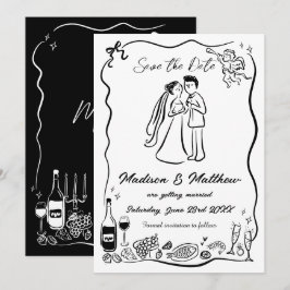 手描きの落書き ドタバタウェディング 新婦＆新郎 セーブザデート