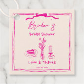 手描きの落書き レトロなピンクのリボン ウェディングシャワーのお祝い フェイバータグ (正面)