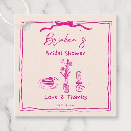 手描きの落書き レトロなピンクのリボン ウェディングシャワーのお祝い フェイバータグ (正面)