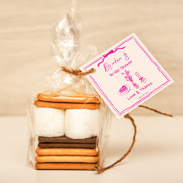 手描きの落書き レトロなピンクのリボン ウェディングシャワーのお祝い フェイバータグ