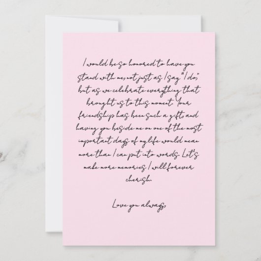 手描きの落書き 花嫁の介添え人へのお願い ピンク 招待状 (裏面)