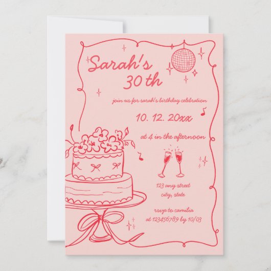 手描きの落書き 誕生日 招待状 (正面)