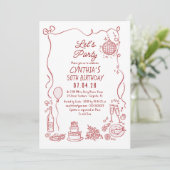 手描きの落書き 遊び心あふれる 不思議でユーモアのある 大人の誕生日 招待状 (スタンド正面)