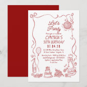 手描きの落書き 遊び心あふれる 不思議でユーモアのある 大人の誕生日 招待状 (正面/裏面)