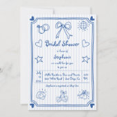 手描きの落書き 青いストライプ ブライダルシャワー 招待状 (正面)