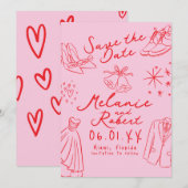 手描きの落書き 黒白のグルームとブライド セーブザデート (正面/裏面)