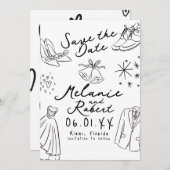 手描きの落書き 黒白のグルームとブライド セーブザデート (正面/裏面)