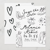 手描きの落書き 黒白 新郎新婦 セーブザデート (正面/裏面)