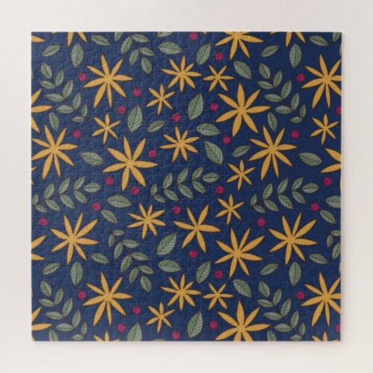 手描きの葉のある花柄 ジグソーパズル (横)
