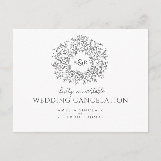 手描きの葉の結婚式キャンセルダークグレー 案内ポストカード (正面)