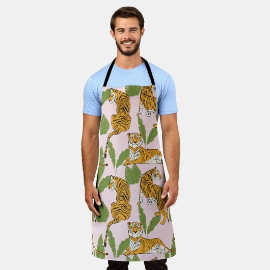 手描きの虎のシームレスな模様、大きな猫(dif) エプロン (着用した状態)