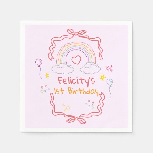 手描きの虹のファンタジーな誕生日 スタンダードカクテルナプキン (正面)