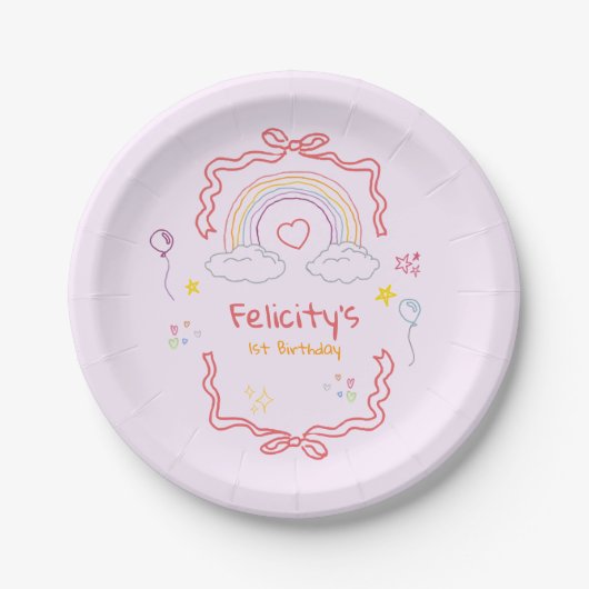 手描きの虹のファンタジーな誕生日 ペーパープレート (正面)