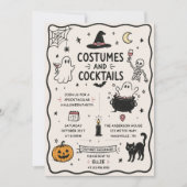 手描きの衣装とカクテルのハロウィンパーティー 招待状 (正面)