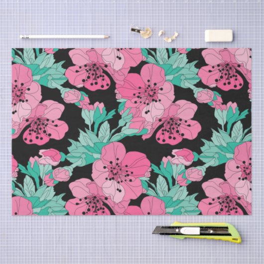 手描きの装飾的なさくらんぼの花模様       薄葉紙 (クラフト)