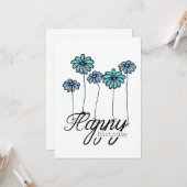 手描きの誕生日カード ターコイズブルーの花バルーン カード (正面/裏面インサイチュ)