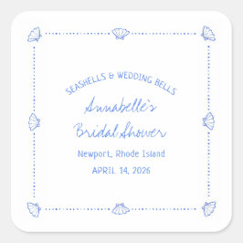 手描きの貝殻とウェディングベル ブライダルシャワー スクエアシール