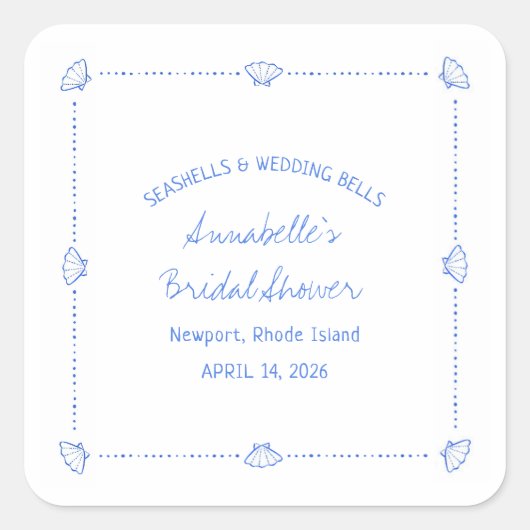 手描きの貝殻とウェディングベル ブライダルシャワー スクエアシール (正面)