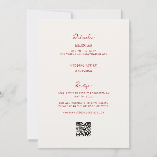 手描きの赤いオールインワンのウェディング 招待状 (裏面)