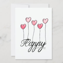 手描きの赤いハートバルーンの誕生日カード