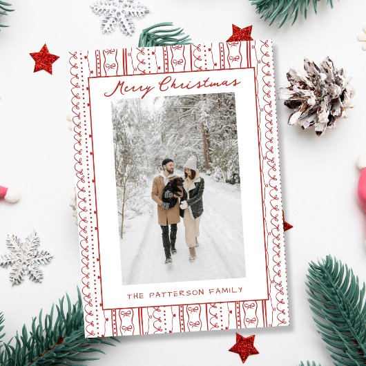 手描きの赤いリボンの落書きパターンの写真のクリスマス シーズンカード