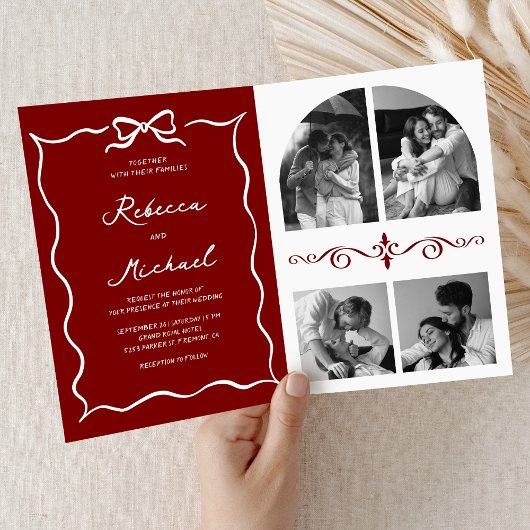 手描きの赤いリボンのQRコードの結婚式の写真 招待状
