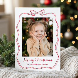 手描きの赤いリボンフレームの2枚の写真入りクリスマスカード シーズンカード