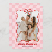 手描きの赤いリボンフレーム チェック柄の写真 シーズンカード (正面/裏面)