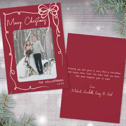 手描きの赤いリボン　レトロなクリスマス シーズンカード