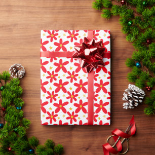 手描きの赤い花のクリスマスホリデーセット ラッピングペーパー
