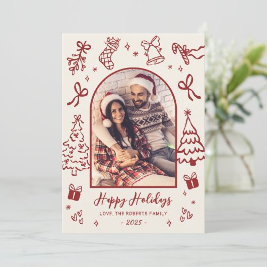 手描きの赤い落書きアーチの写真 クリスマス ハッピー シーズンカード (スタンド正面)