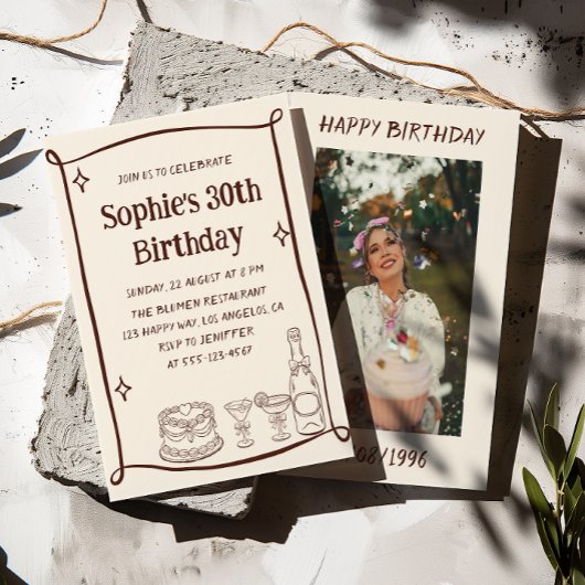 手描きの赤とクリーム色の30歳の誕生日写真  招待状