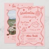 手描きの赤とピンクの落書き写真 卒業パーティー 招待状 (正面/裏面)
