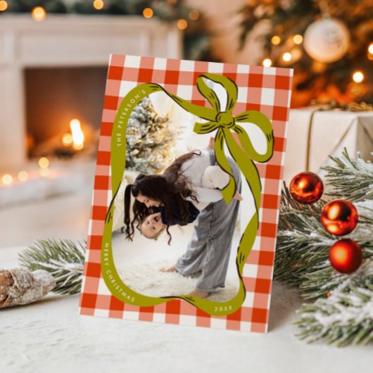 手描きの赤と緑の家族写真クリスマスカード シーズンカード