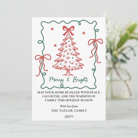 手描きの赤と緑の蝶結びフレームのクリスマス シーズンカード (スタンド正面)