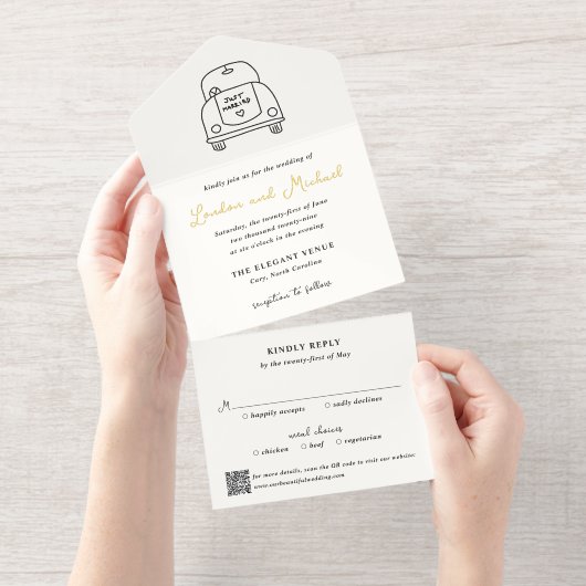 手描きの車の落書きQRコード モダンな結婚式 オールインワン招待状 (切り取り部)