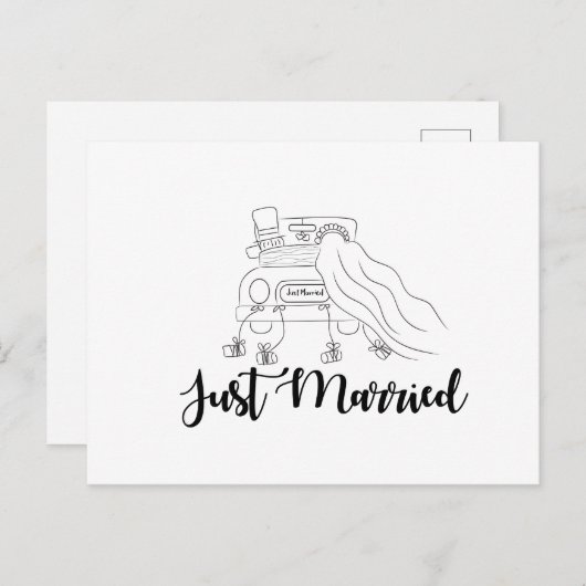 手描きの車の輪郭のたった今結婚しましたのカップル 案内ポストカード (正面/裏面)