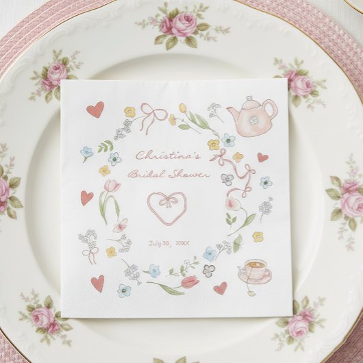手描きの遊び心あふれるお茶のブライダルシャワー スタンダードランチョンナプキン