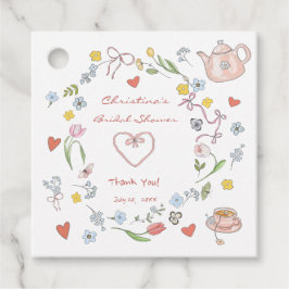 手描きの遊び心あふれるお茶のブライダルシャワー フェイバータグ