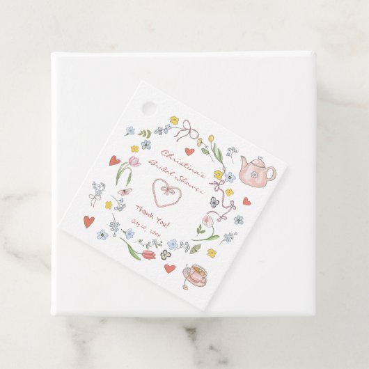 手描きの遊び心あふれるお茶のブライダルシャワー フェイバータグ (インサイチュ)