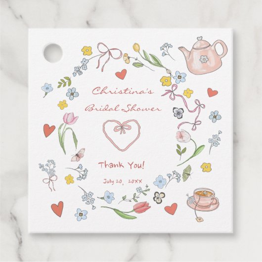 手描きの遊び心あふれるお茶のブライダルシャワー フェイバータグ (正面)