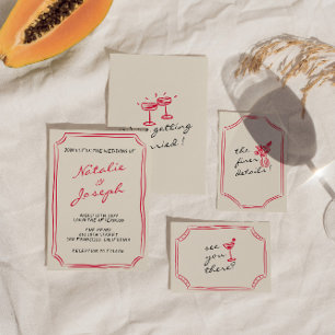 手描きの遊び心あふれるレトロで楽しいウェディング 招待状