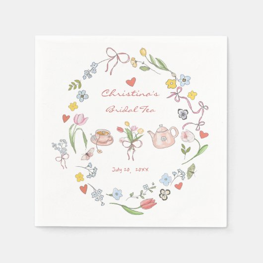 手描きの遊び心あふれる紅茶 ブライダルシャワー スタンダードカクテルナプキン (正面)